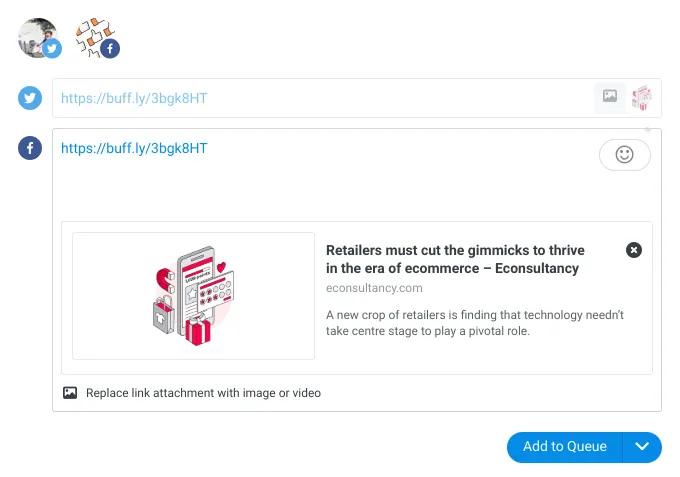 Buffer's social media scheduling widget with options to choose social media profile, add text, schedule post, etc