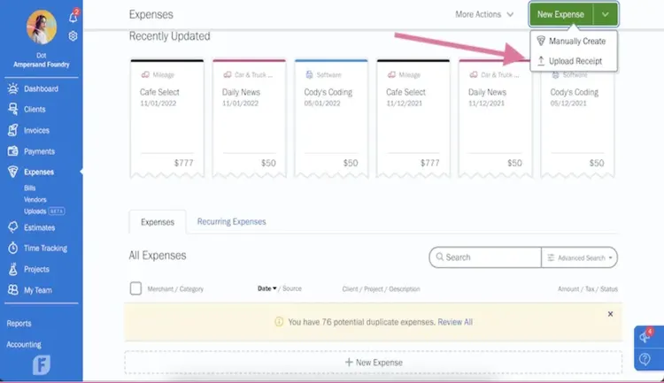 Le scanner numérique numérise rapidement les données des reçus téléchargés dans FreshBooks. Source d'image : FreshBooks