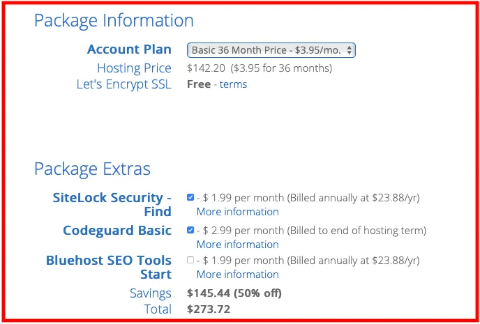 Bluehost Signup process: Add Package Information