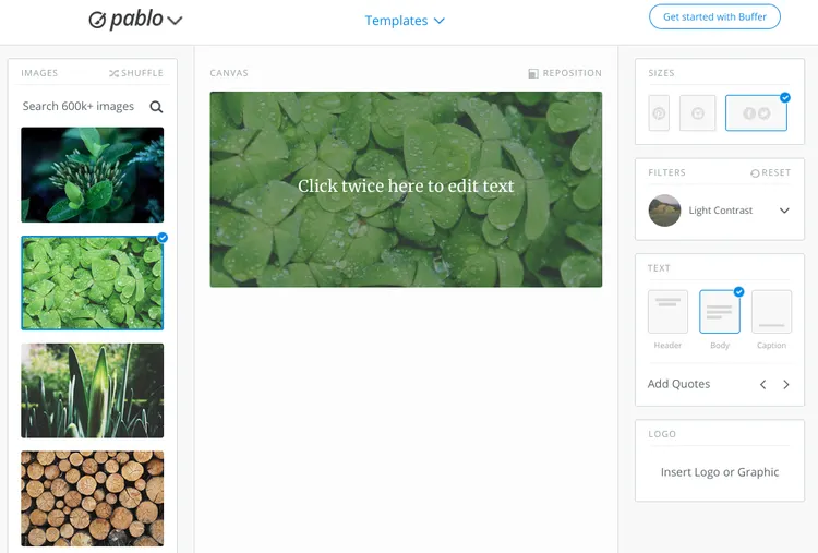 Buffer's image creation tool called Pablo with ability to choose backgrounds, add text, and adjust size