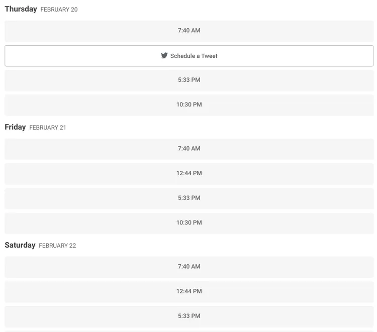 Buffer calendar showing times and dates you can schedule different social posts
