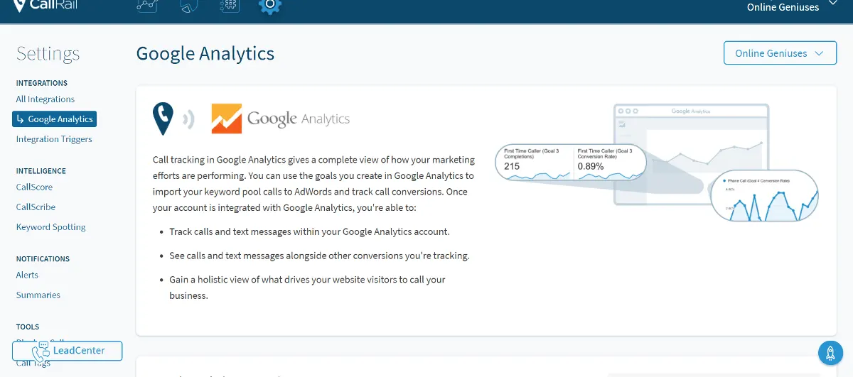 CallRail s'intègre à Google Analytics ainsi qu'à plusieurs autres outils tiers