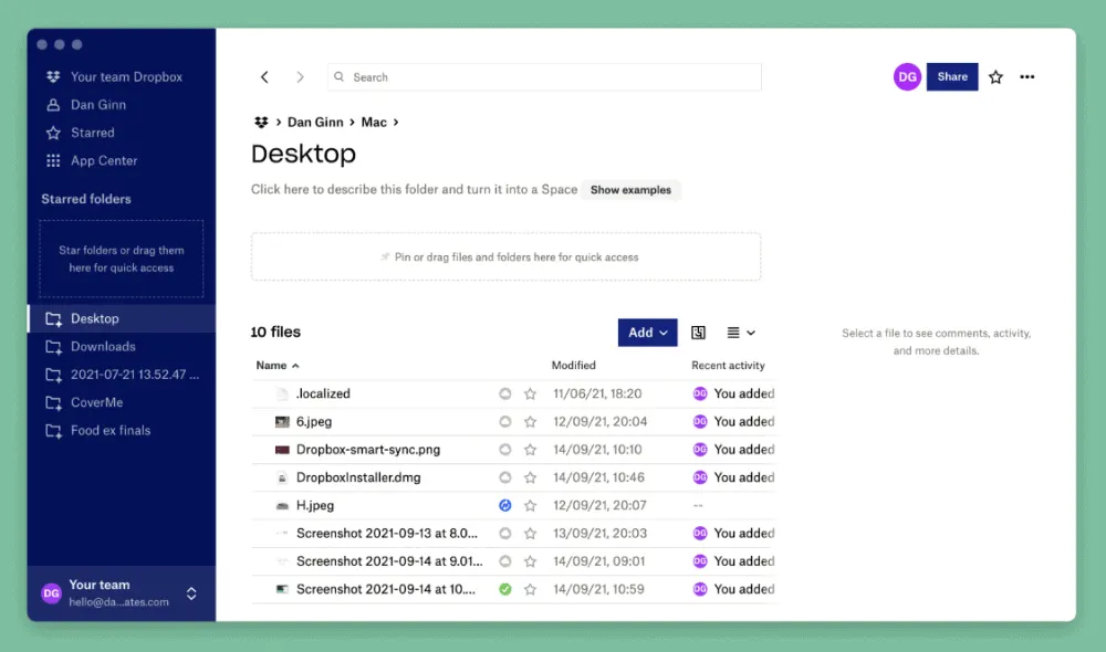 Application de bureau et dossier Dropbox