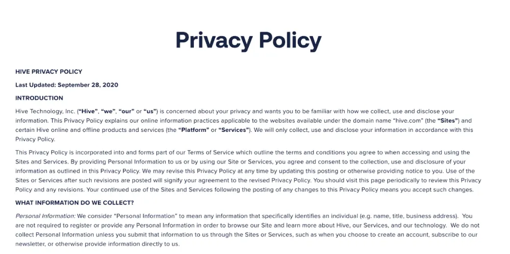 Hive's privacy policy raises more than one red flag