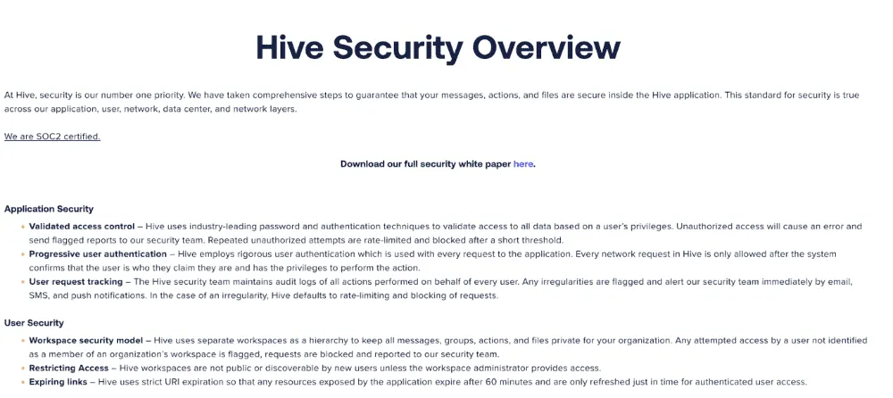 Hive offers robust security to protect user data