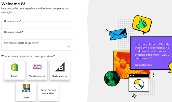 Page de bienvenue pour les nouveaux clients avec des informations pour personnaliser l'expérience