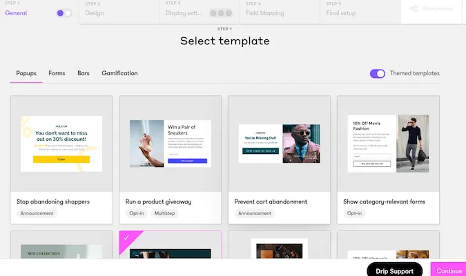 Page de sélection de template avec diverses options pour les popups