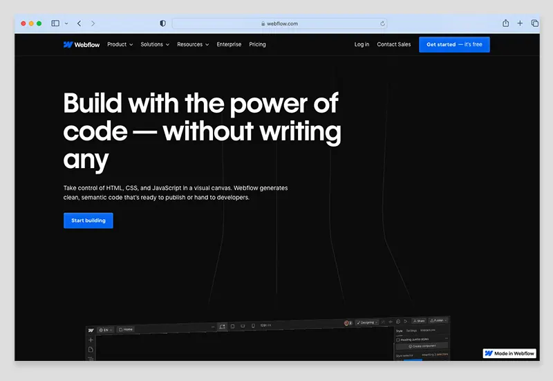 Page d'accueil de Webflow