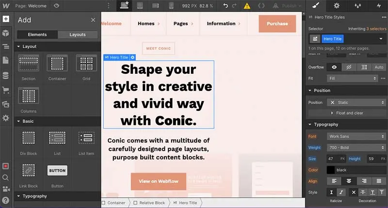 Interface du Designer Webflow
