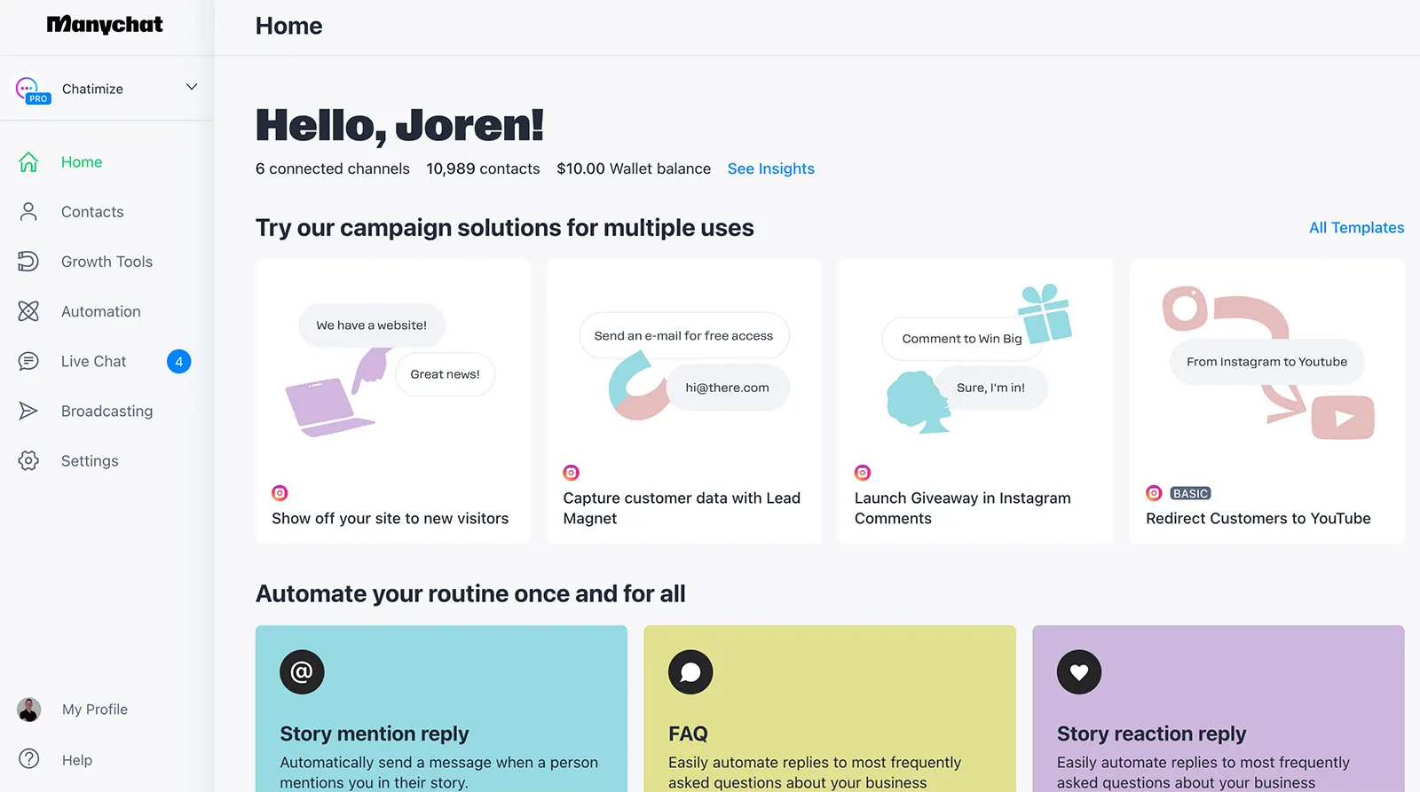 Tableau de bord ManyChat