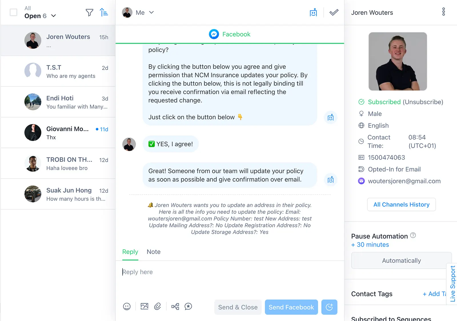 Boîte de réception de chat en direct ManyChat