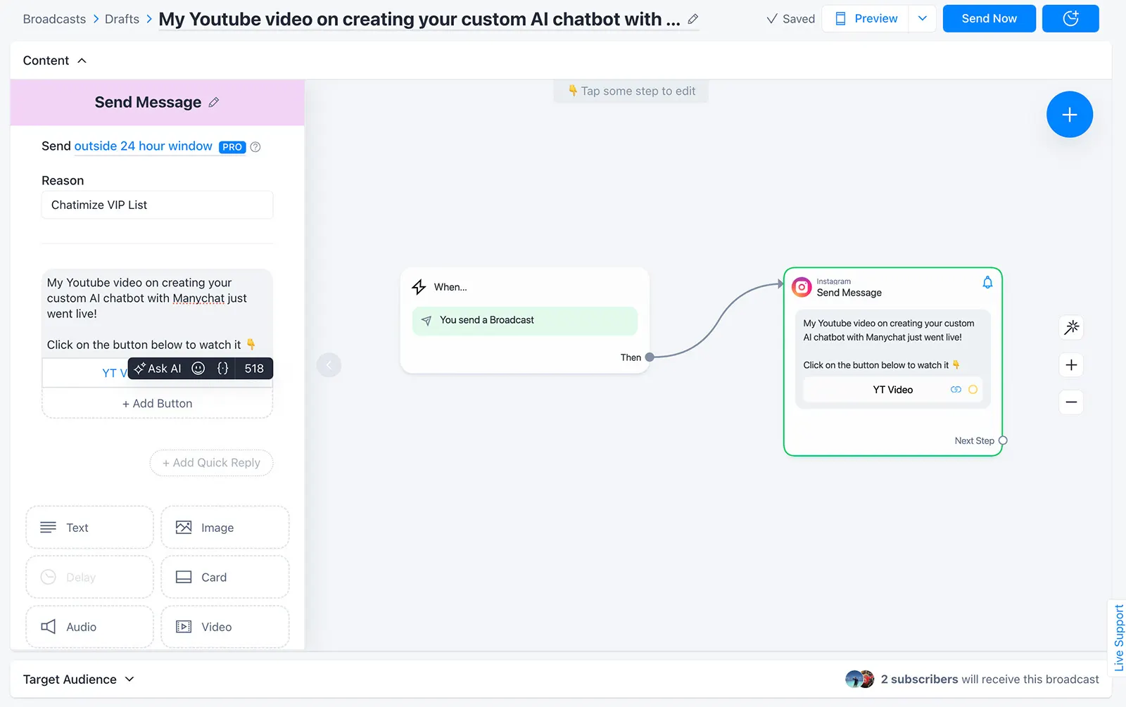 Exemple de diffusion ManyChat