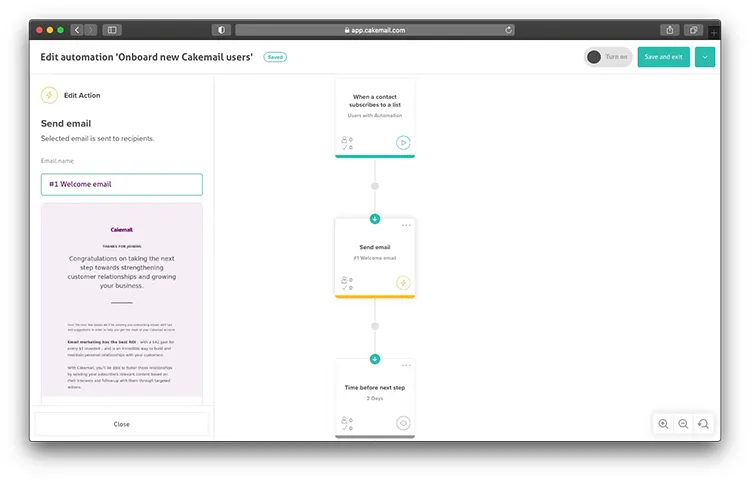 Générateur de flux de travail pour l'automatisation des emails de Cakemail
