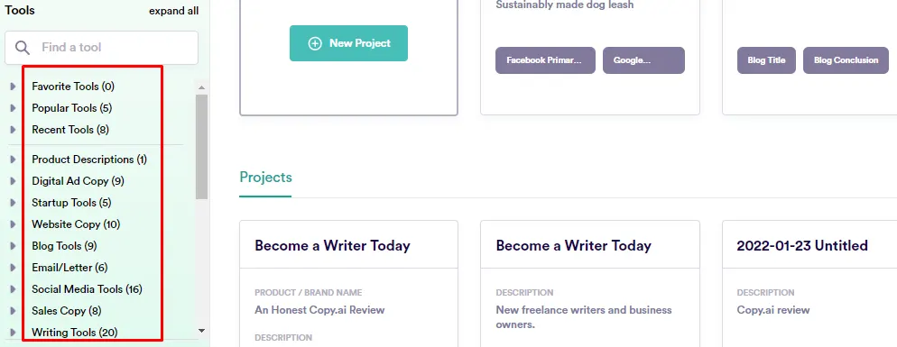 Types de contenu de Copy AI