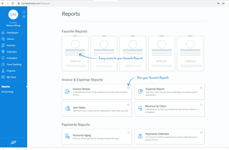 L'écran Rapports, illustré ci-dessus, vous permet d'afficher vos cinq principaux rapports en haut de la page pour un accès plus rapide. Les rapports dans FreshBooks ont des options de personnalisation limitées, mais ils peuvent être exportés vers Microsoft Excel pour être personnalisés. Vous pouvez également envoyer un rapport par courriel ou l'enregistrer au format PDF.