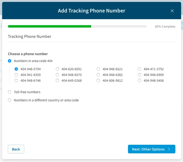 Capture d'écran de la sélection du numéro de téléphone dans CallRail