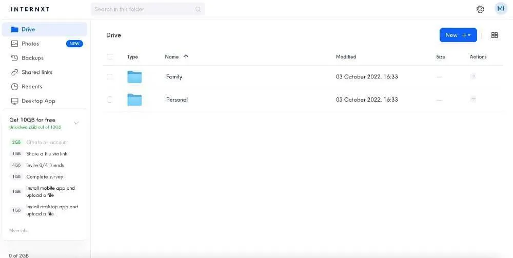 L'interface utilisateur élégante et minimaliste d'Internxt