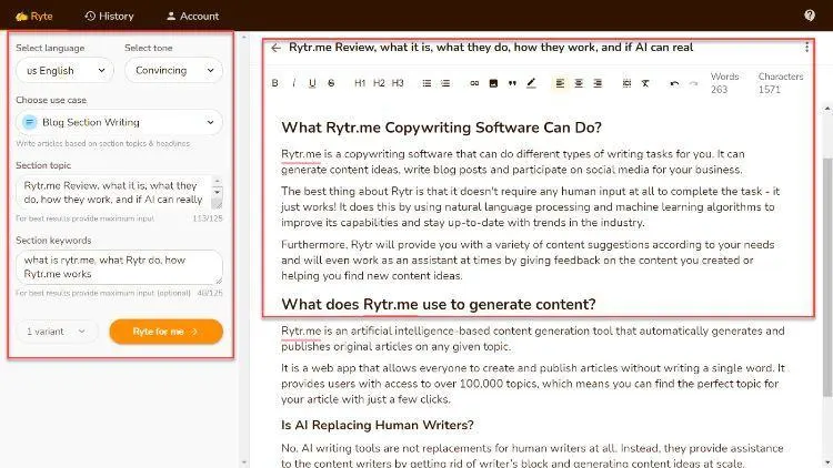 Rytr ai content generator user experience