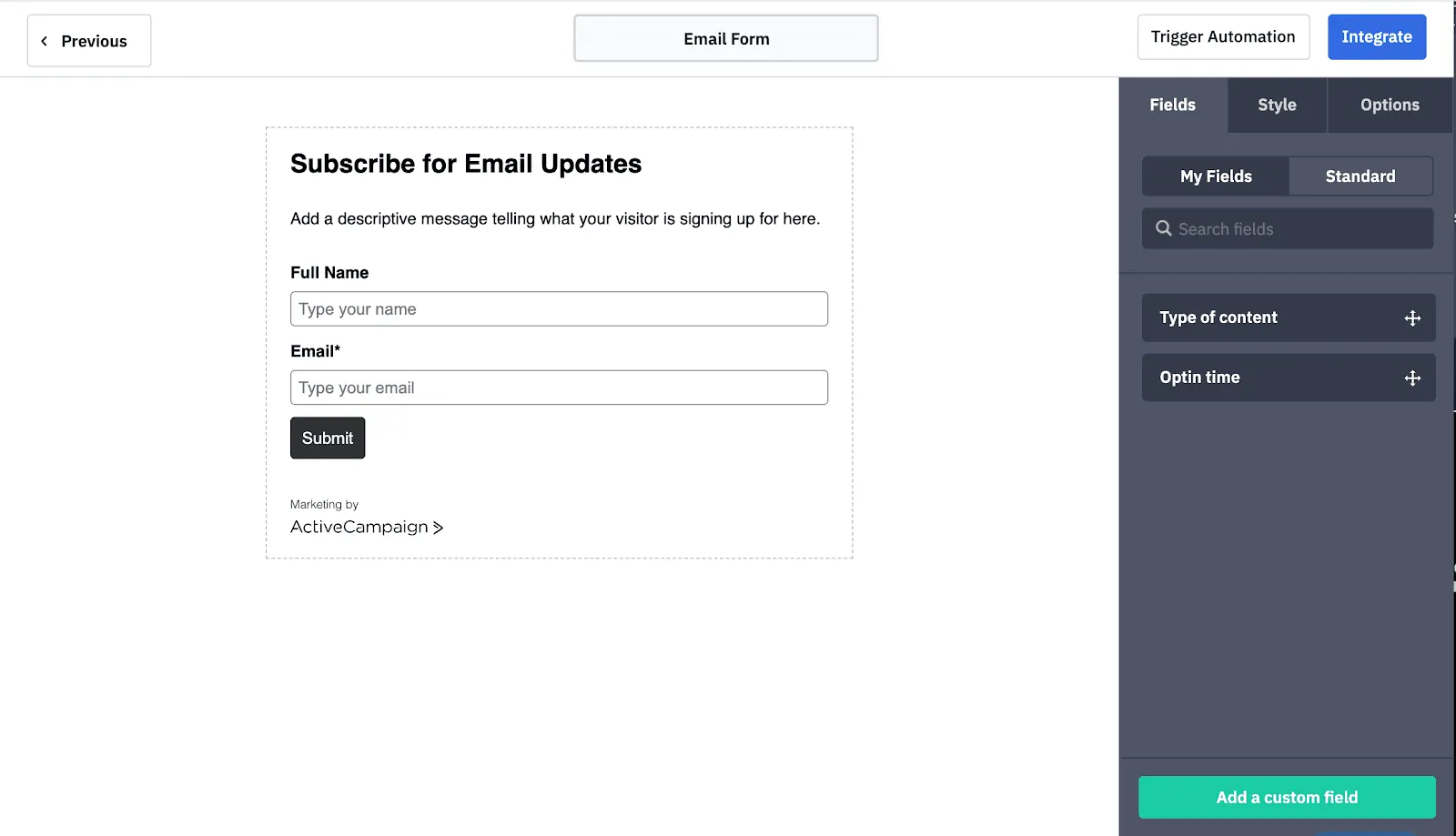 Email form pour marketing automation Active Campaign