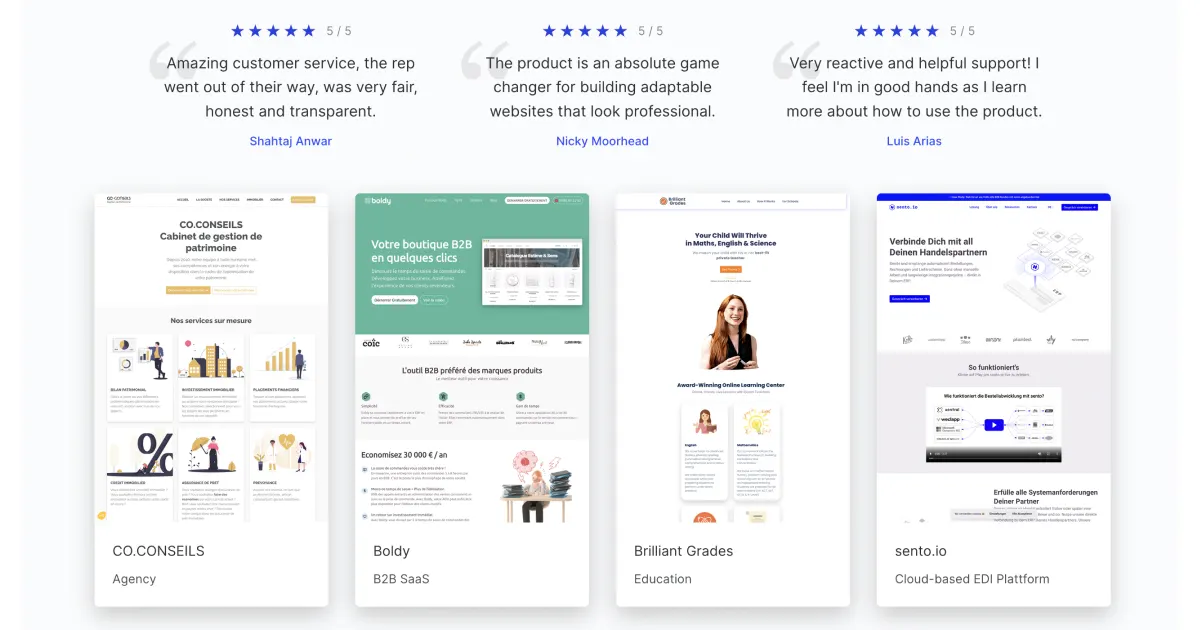 Umso landing page builder showcase and testimonials.