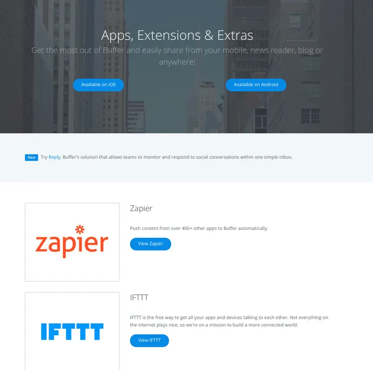 Buffer's list of third-party integrations such as Zapier and IFTTT