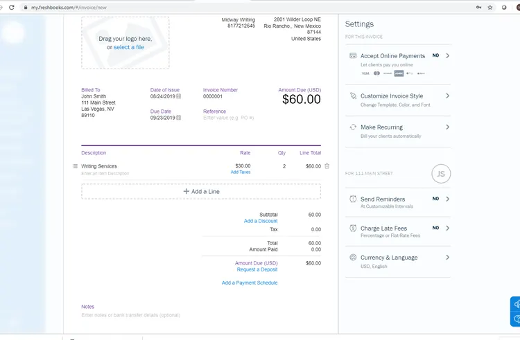Il m'a fallu environ 45 secondes pour créer la facture ci-dessus, y compris l'ajout du nouveau client à FreshBooks, et l'application vous offre des options supplémentaires comme la personnalisation du style de la facture, l'ajout de votre logo, et même la possibilité de rendre la facture récurrente si vous effectuez le même travail chaque mois pour ce client.