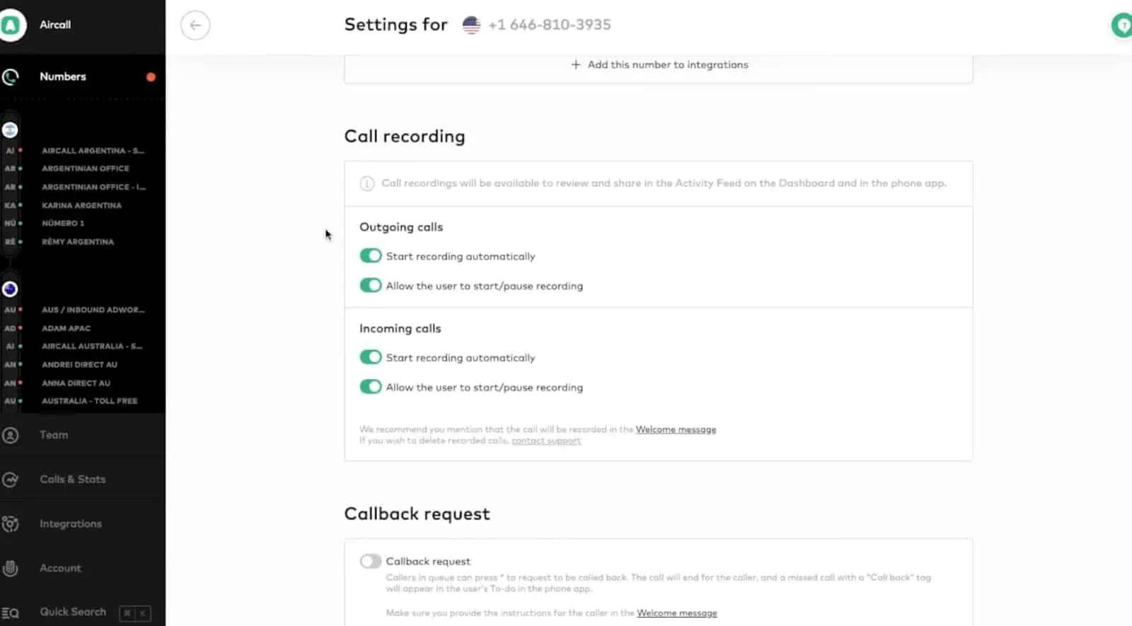 Setting up the call recording in Aircall