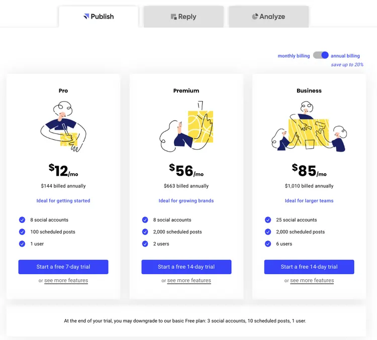 Buffer Publish propose trois formules d'abonnement, à commencer par l'option Pro, très accessible, à seulement 12 dollars par mois.
