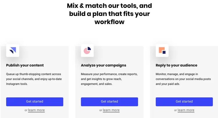 Buffer landing page showing the three different Buffer product offerings